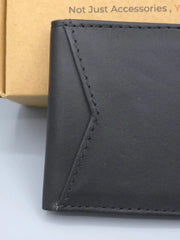 Close-up of a black leather wallet with stitching detail on a light gray background.