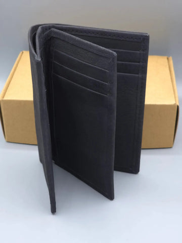 Black leather wallet with card slots on a white background
