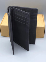 Black leather wallet with card slots on a white background