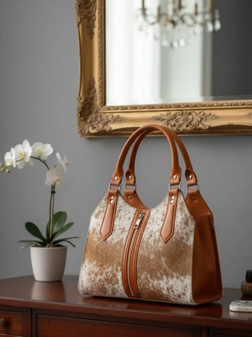 Brown and white cowhide handbag on a wooden surface with a decorative mirror in the background.