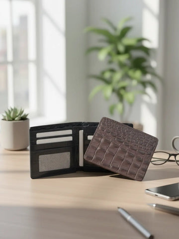 Black wallet and brown cardholder on a desk with a plant and glasses in the background