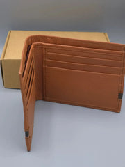 Brown leather wallet with open design on a gray background