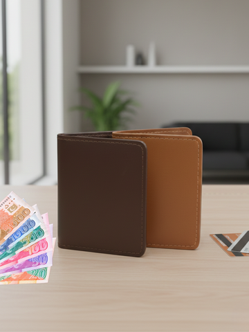 Two brown leather wallets on a table with colorful banknotes in the foreground.