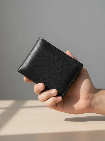 Hand holding a black leather wallet against a neutral background