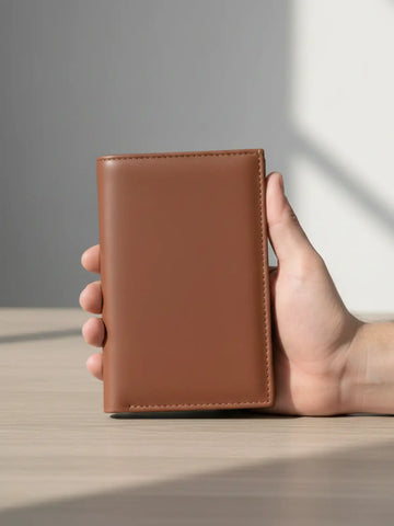 Brown leather wallet held by a hand on a wooden surface with a gray background