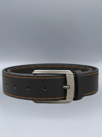 Black leather belt with a silver buckle on a light gray background