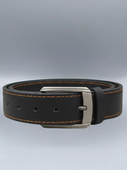 Black leather belt with a silver buckle on a light gray background
