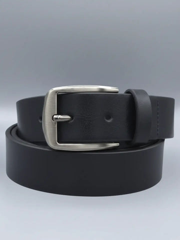 Black leather belt with a silver buckle on a light gray background