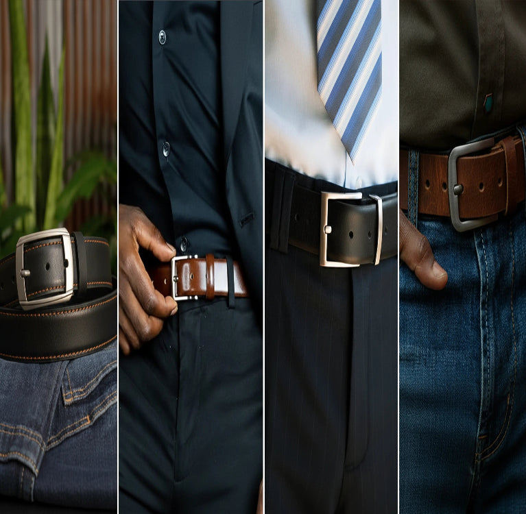 Collage of belts worn with different pants and shirts.