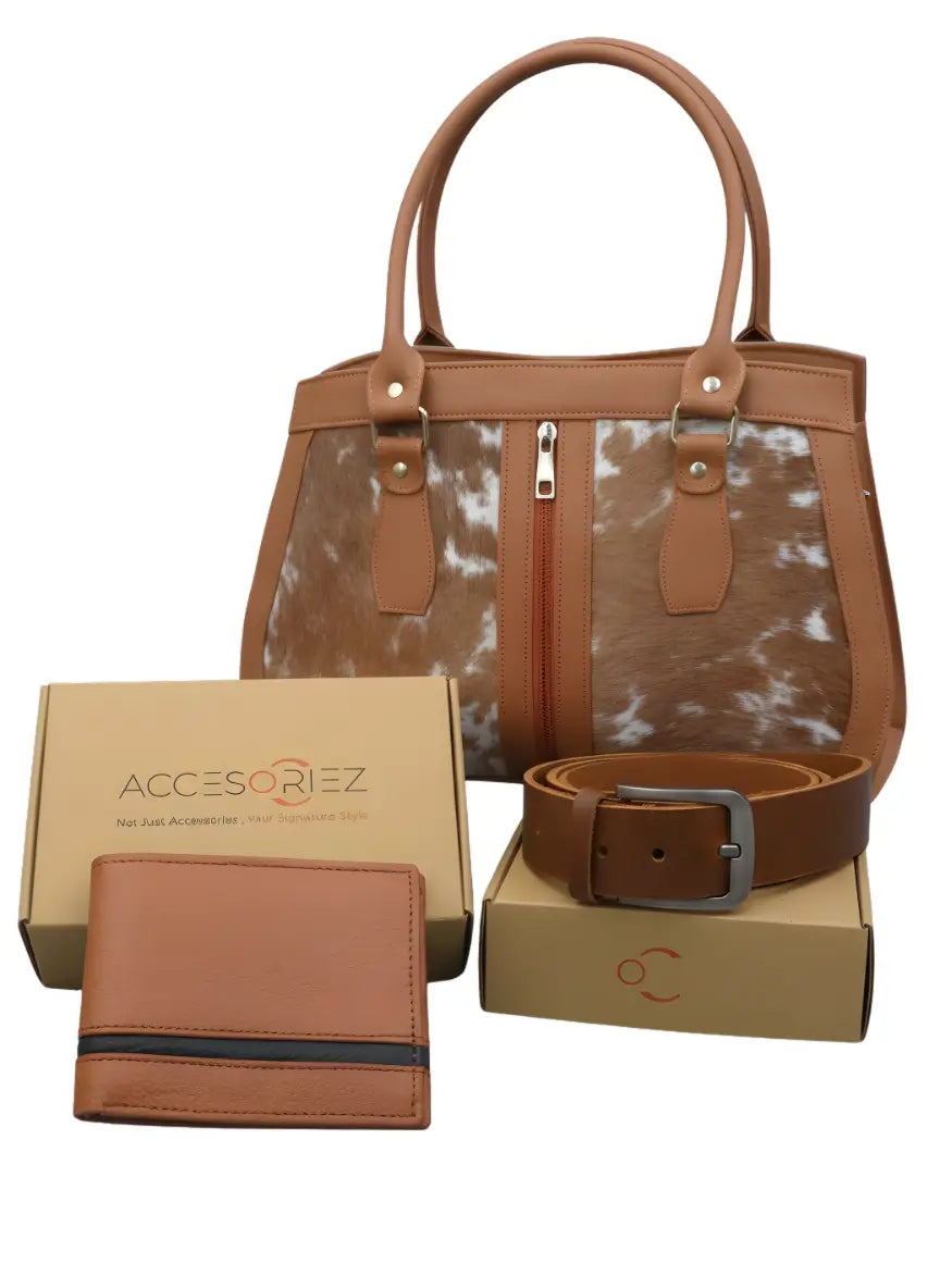 Accesoriez premium leather collection featuring a cowhide pattern handbag, a tan leather wallet, and a brown leather belt.